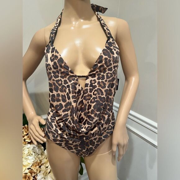 NWT Bar III SOLID COWL-NECK MONOKINI ONE-PIECE SWIMSUIT in Cheetah print - Picture 5 of 8